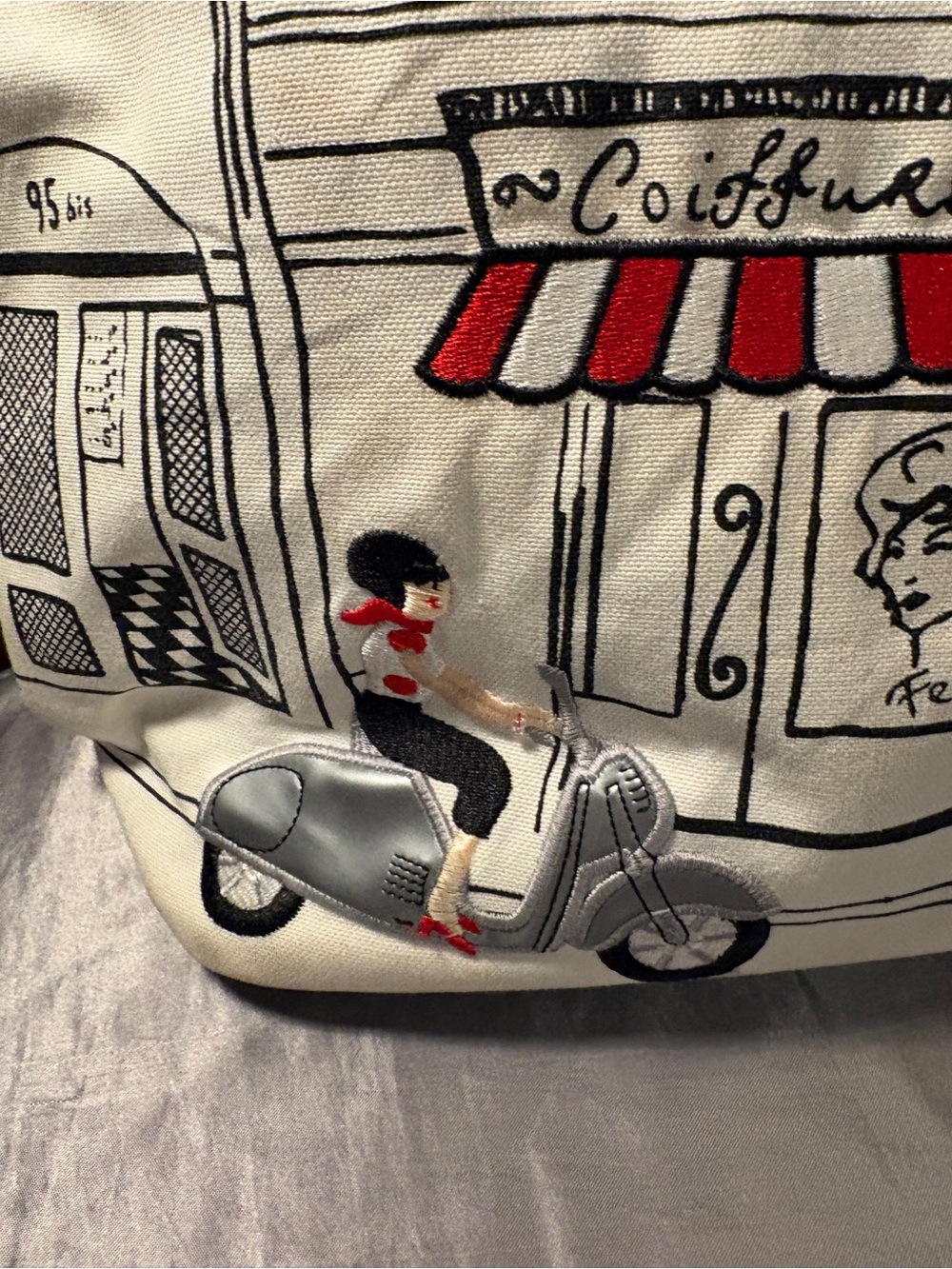 Lulu Guinness London Embroidered Café Scene Canvas Tote Bag Scooter Detail - Picture 4 of 11
